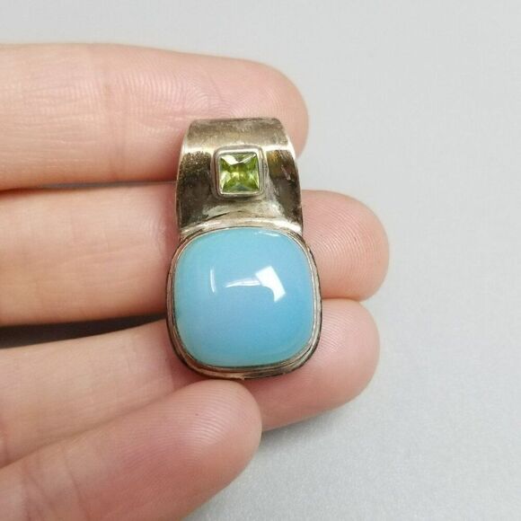 Vintage Sterling Silver Blue Glass Cabochon Slide Pendant, 925 Estate - Picture 2 of 9